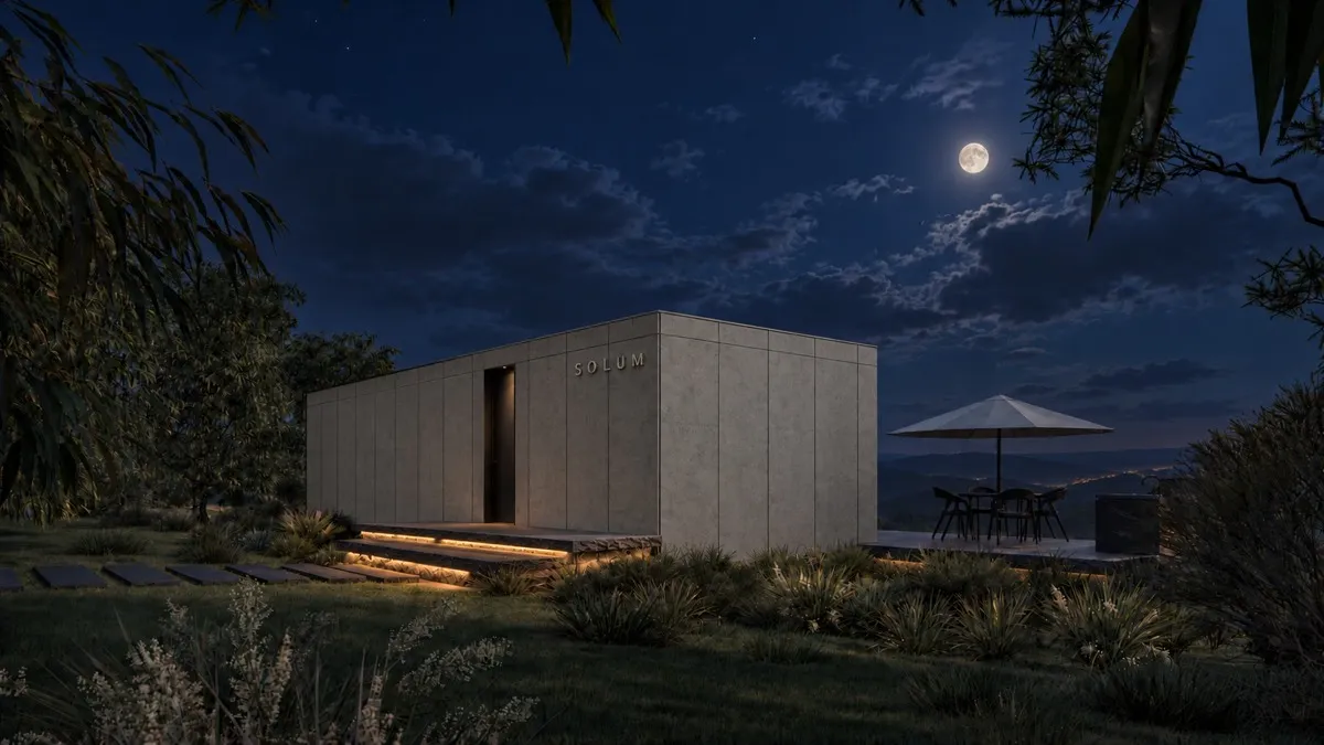 SOLUM Max in Ivory: the entrance, across the grass to the hills, after dark