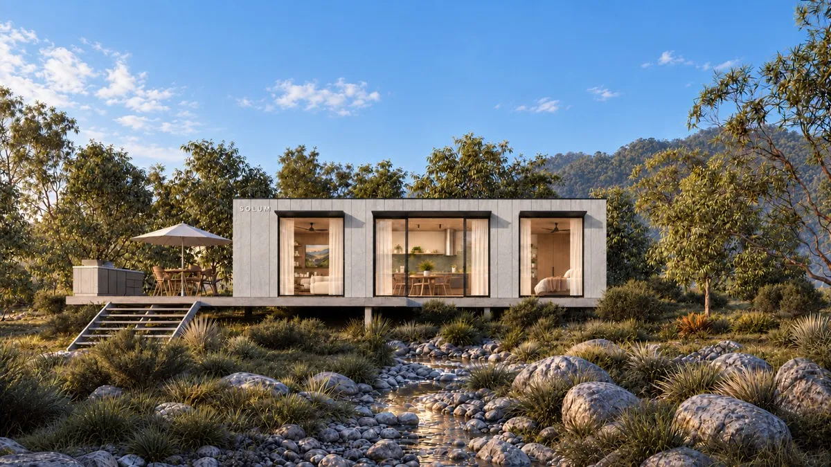 SOLUM Max in Ivory: the front, across a creek bed, in morning light