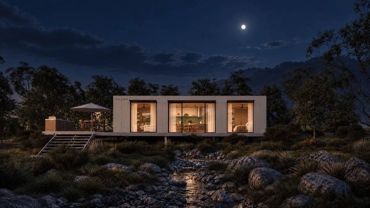 SOLUM Max in Ivory: the front, across a creek bed, after dark