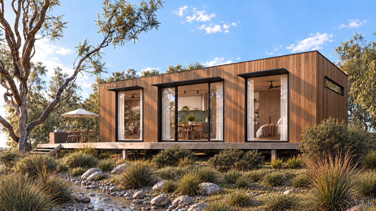 SOLUM Plus in Amber: the angled view, above the creek, in morning light
