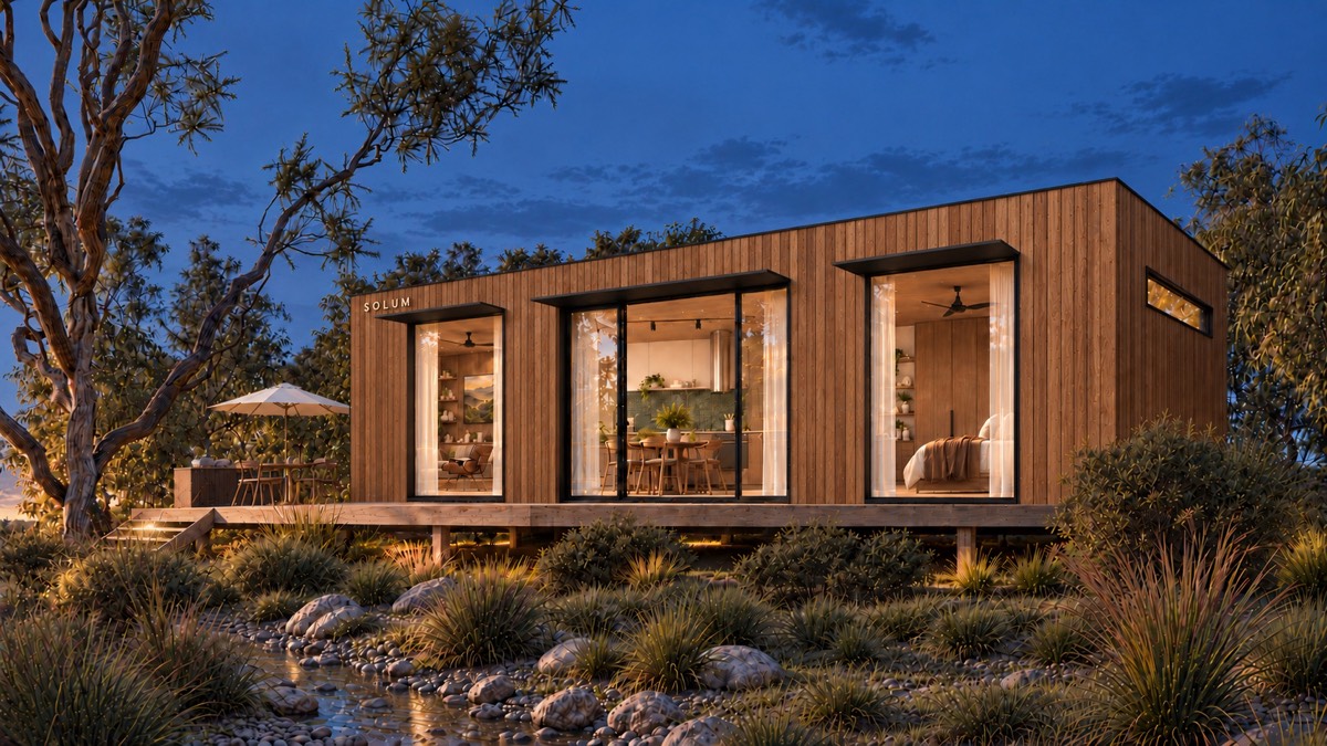 SOLUM Plus in Amber: the angled view, above the creek, after dark