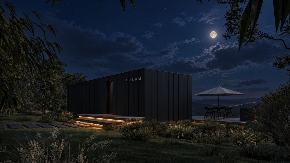 SOLUM Plus in Forge: the entrance, across the grass to the hills, after dark