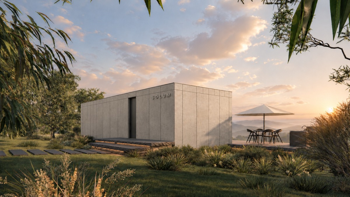 SOLUM Plus in Ivory: the entrance, across the grass to the hills, in morning light