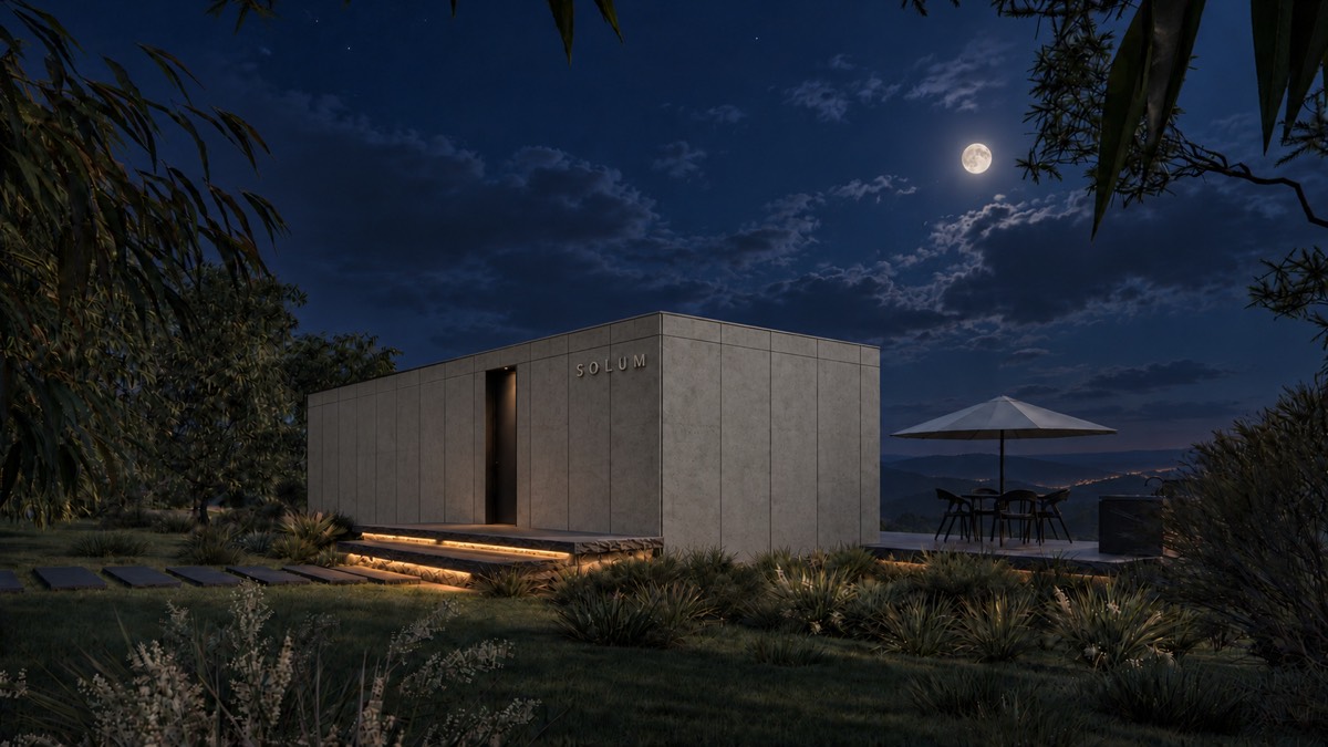 SOLUM Plus in Ivory: the entrance, across the grass to the hills, after dark