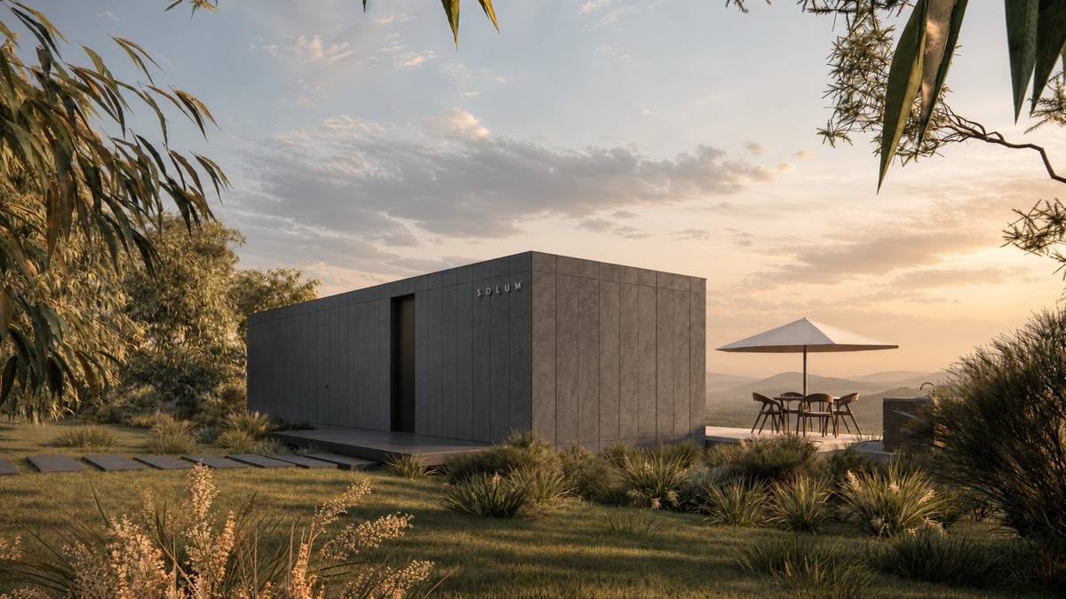 SOLUM Plus in Obsidian: the entrance, across the grass to the hills, in morning light