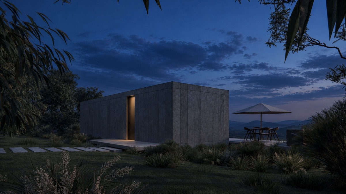 SOLUM Plus in Obsidian: the entrance, across the grass to the hills, after dark
