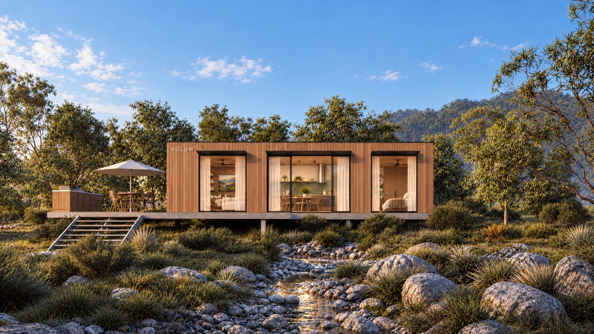 SOLUM Plus in Amber: the front, across a creek bed, in morning light