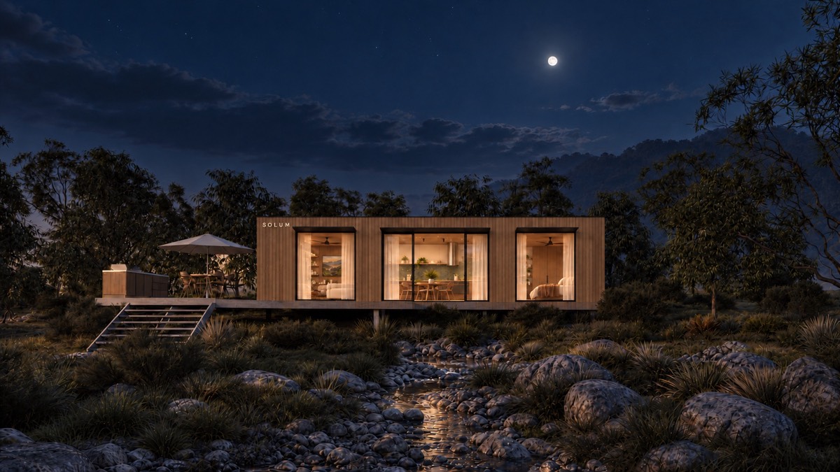 SOLUM Plus in Amber: the front, across a creek bed, after dark
