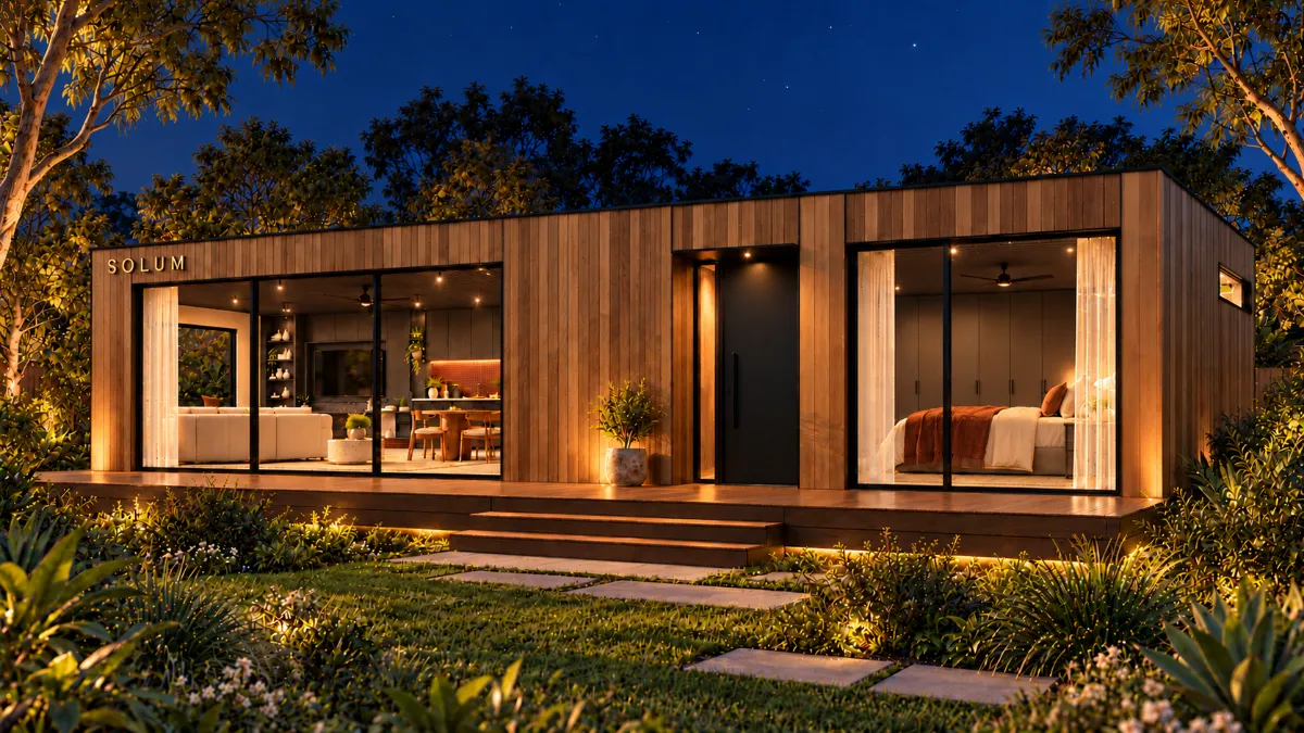 SOLUM Plus in Amber: the long side, the deck and the entry, after dark
