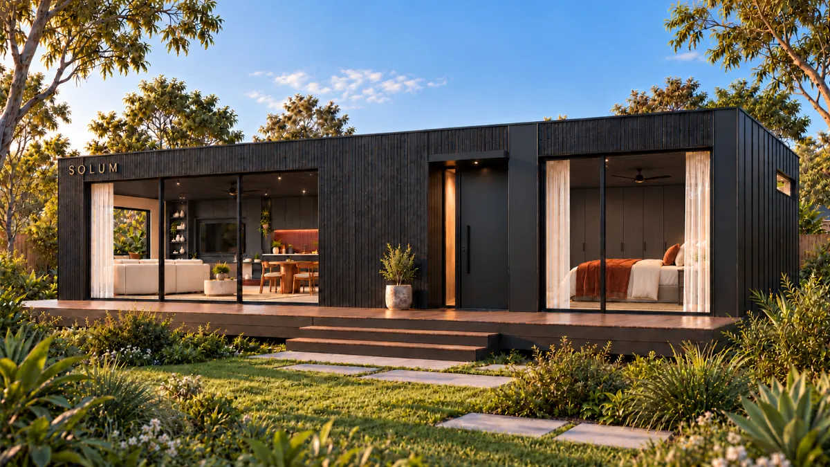 SOLUM Plus in Char: the long side, the deck and the entry, in late afternoon light