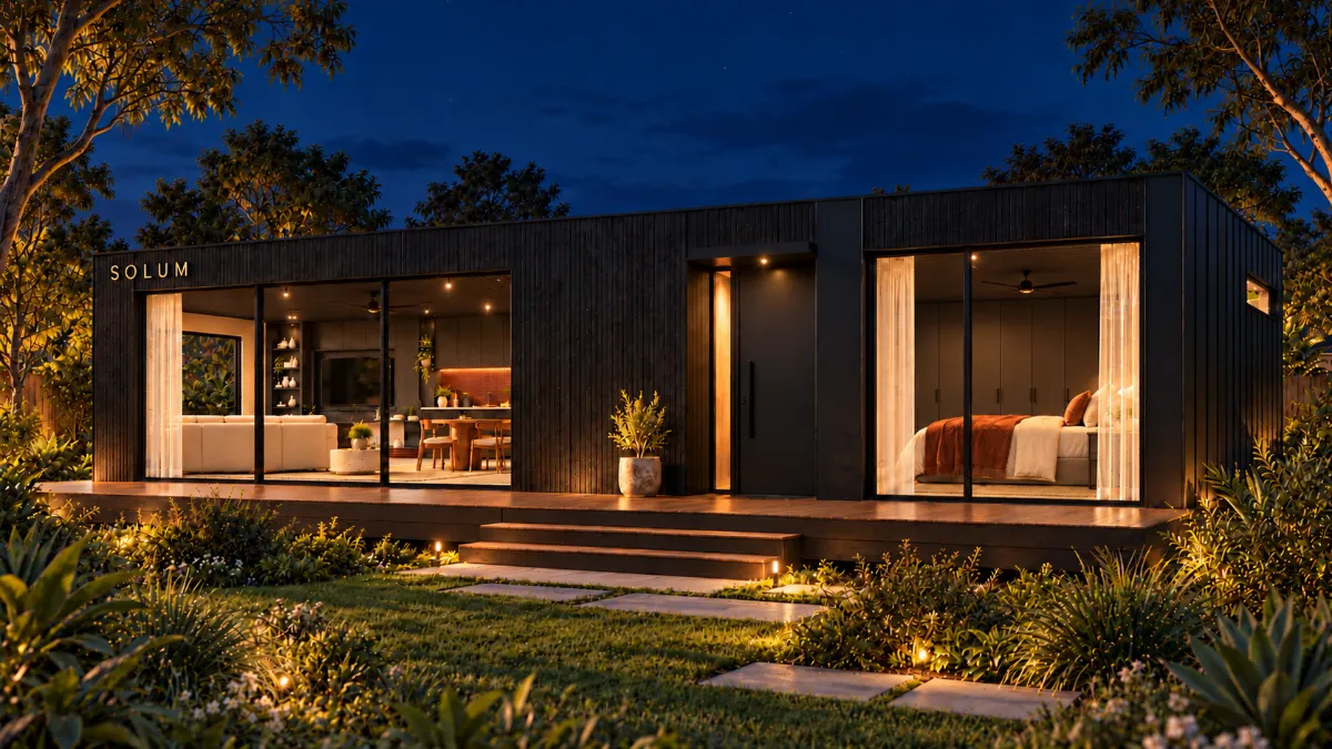 SOLUM Plus in Char: the long side, the deck and the entry, after dark