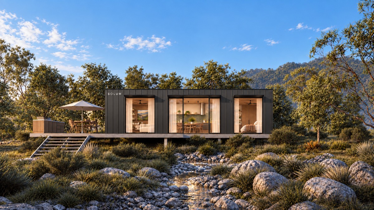 SOLUM Plus in Forge: the front, across a creek bed, in morning light
