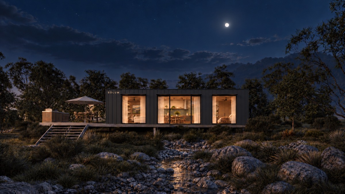 SOLUM Plus in Forge: the front, across a creek bed, after dark