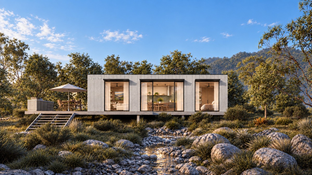SOLUM Plus in Ivory: the front, across a creek bed, in morning light
