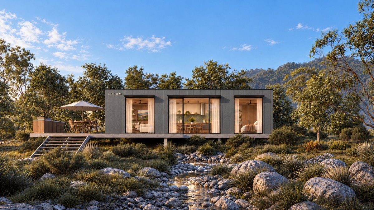 SOLUM Plus in Obsidian: the front, across a creek bed, in morning light