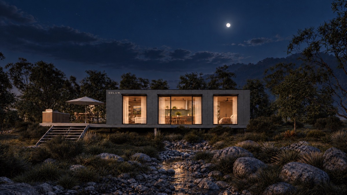 SOLUM Plus in Obsidian: the front, across a creek bed, after dark