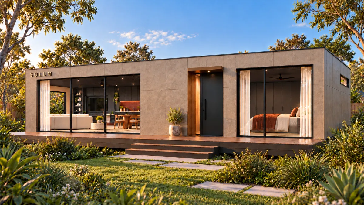 SOLUM Plus in Urbanite: the long side, the deck and the entry, in late afternoon light
