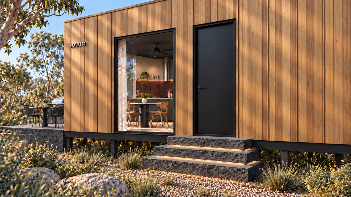 SOLUM Studio in Amber: the entry, up its stone steps, in morning light