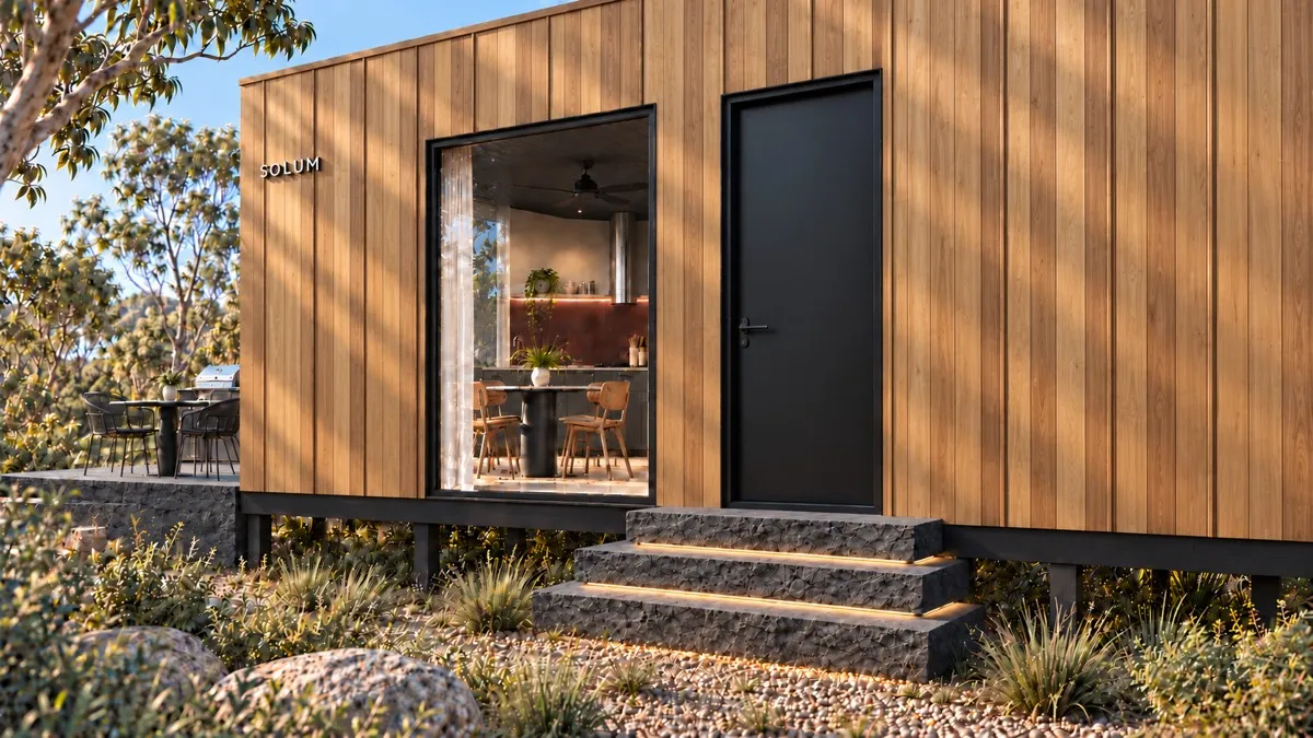SOLUM Studio in Amber: the entry, up its stone steps, in morning light