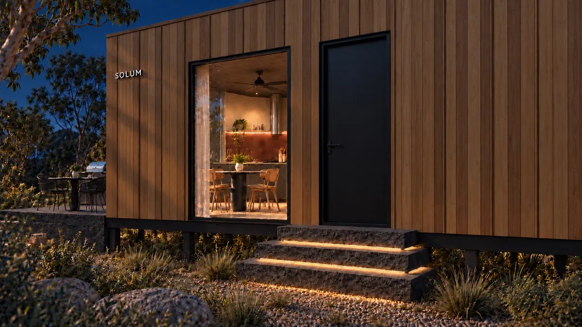SOLUM Studio in Amber: the entry, up its stone steps, after dark