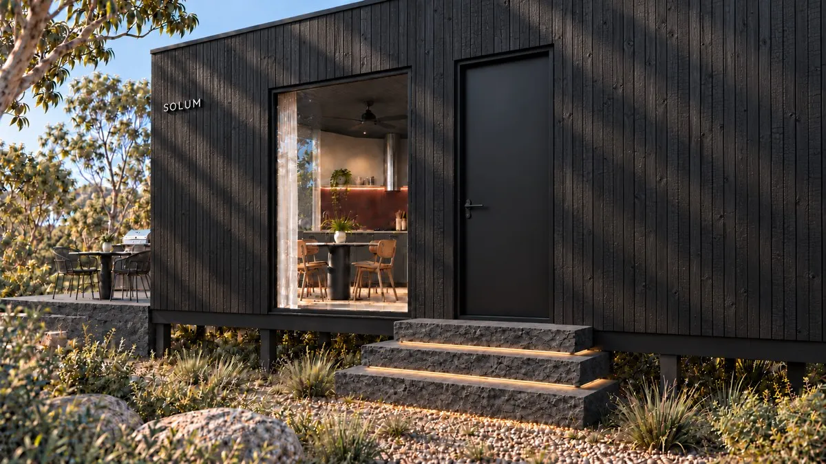 SOLUM Studio in Char: the entry, up its stone steps, in morning light