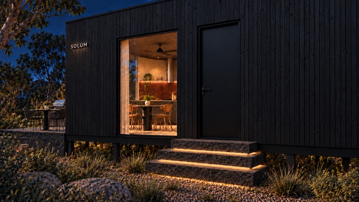 SOLUM Studio in Char: the entry, up its stone steps, after dark