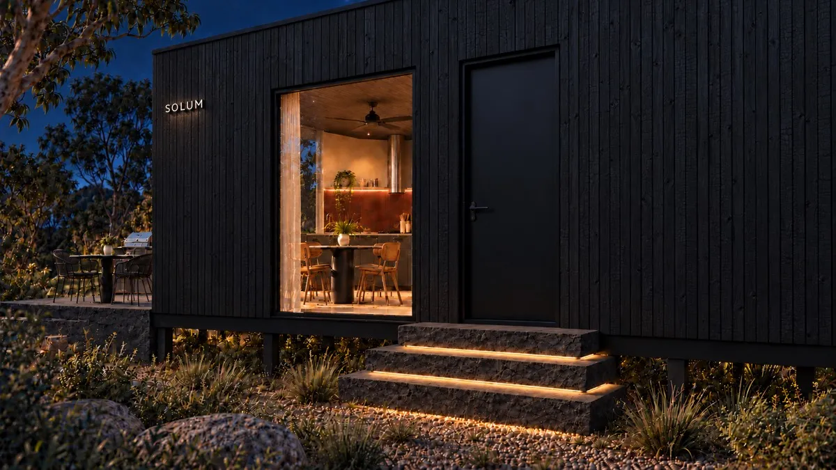 SOLUM Studio in Char: the entry, up its stone steps, after dark