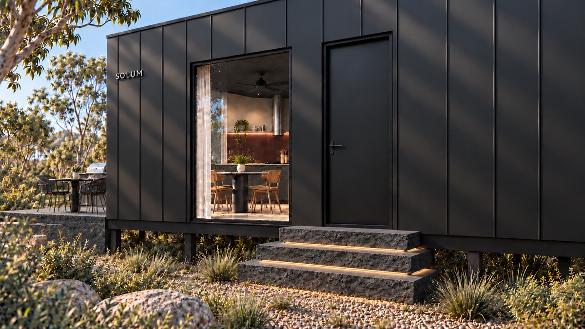 SOLUM Studio in Forge: the entry, up its stone steps, in morning light