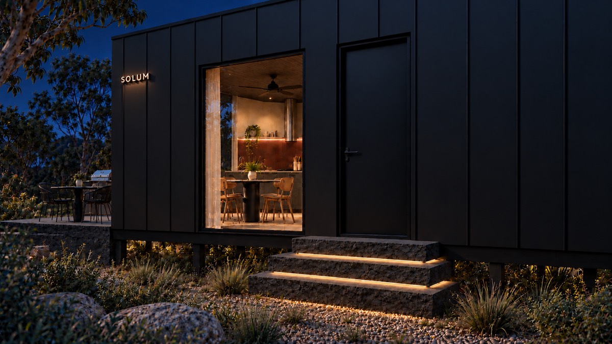 SOLUM Studio in Forge: the entry, up its stone steps, after dark