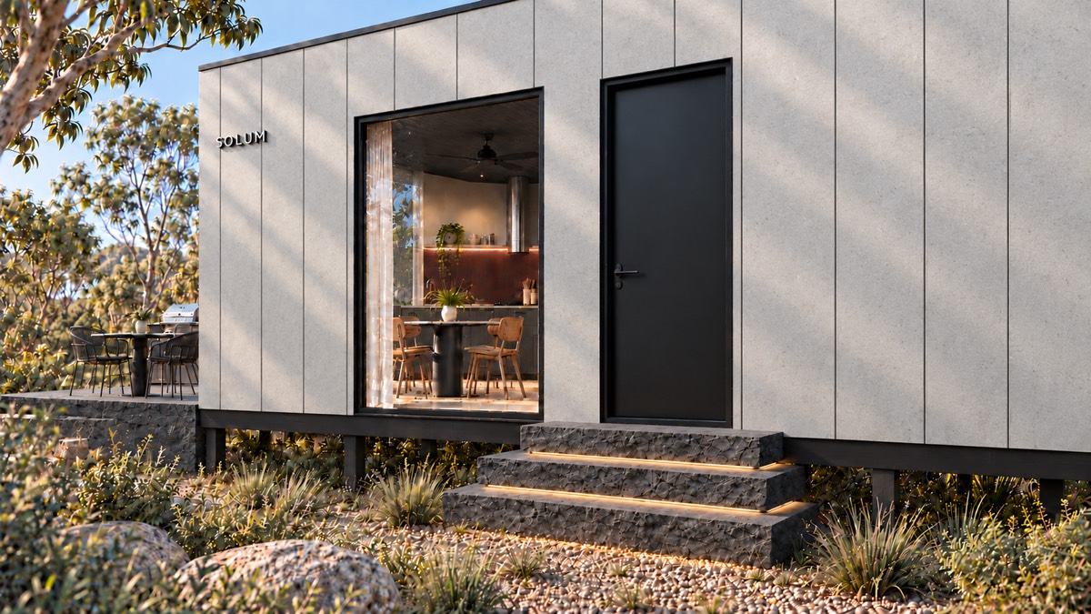 SOLUM Studio in Ivory: the entry, up its stone steps, in morning light