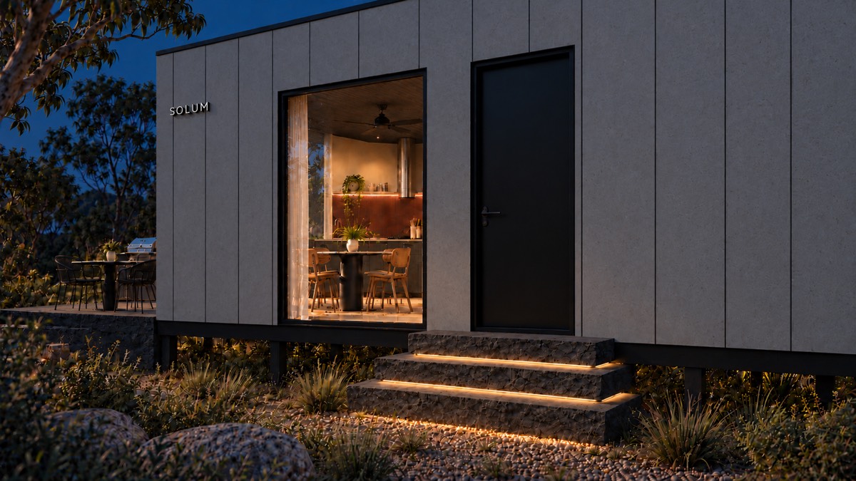 SOLUM Studio in Ivory: the entry, up its stone steps, after dark
