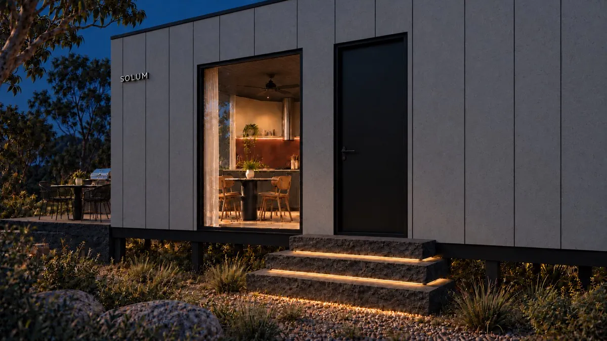 SOLUM Studio in Ivory: the entry, up its stone steps, after dark