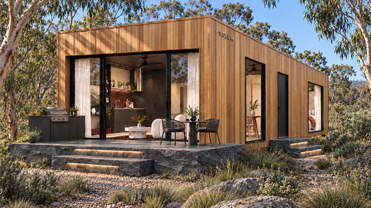SOLUM Studio in Amber: the open front, over its stone terrace, in morning light