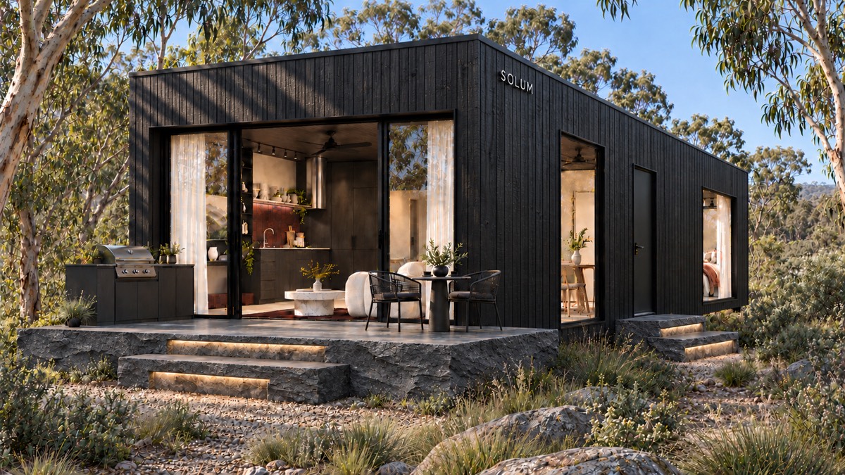 SOLUM Studio in Char: the open front, over its stone terrace, in morning light