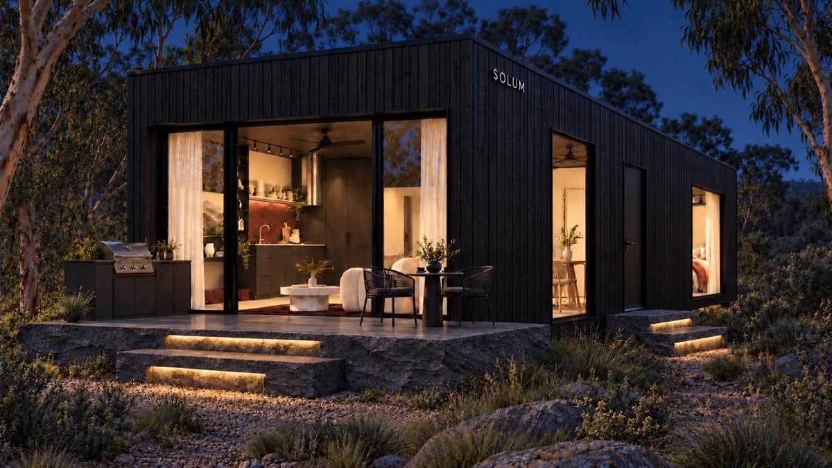 SOLUM Studio in Char: the open front, over its stone terrace, after dark