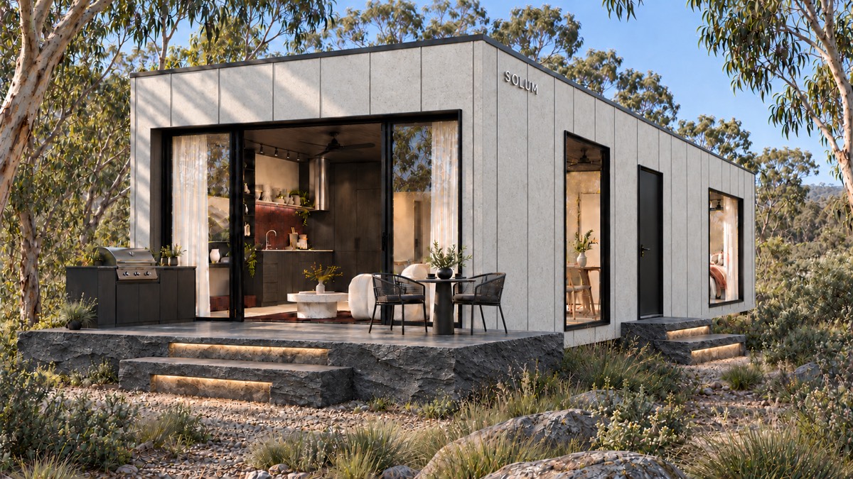 SOLUM Studio in Ivory: the open front, over its stone terrace, in morning light