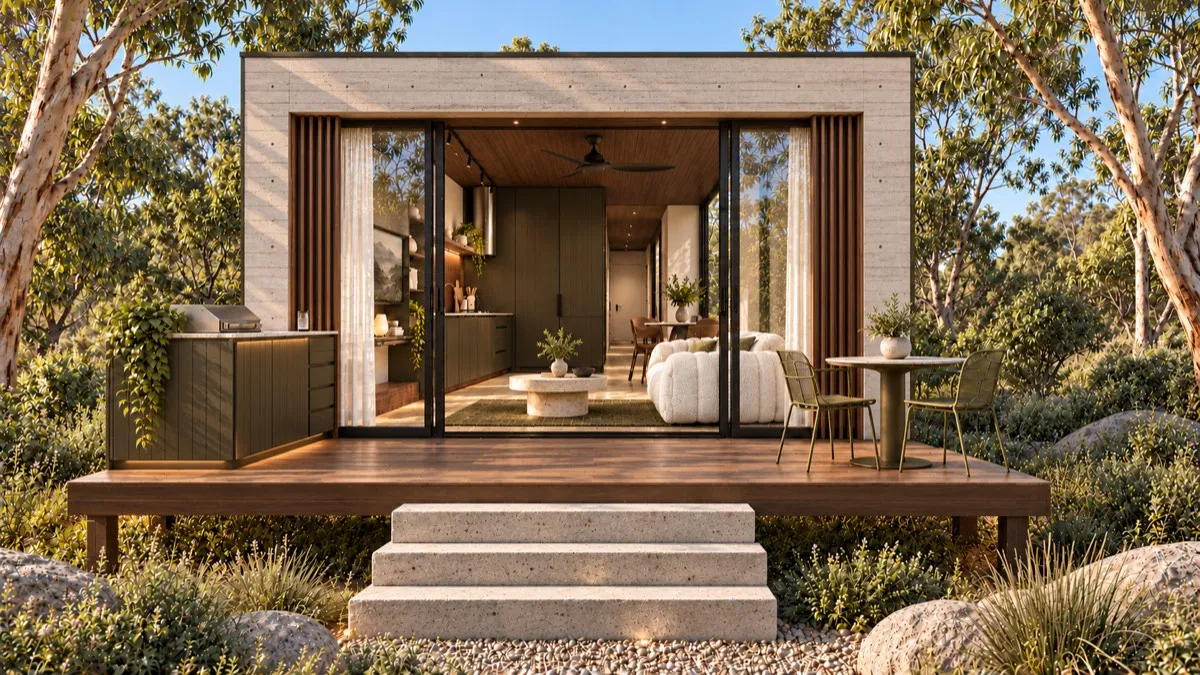 SOLUM Studio in Urbanite: the open front and its deck, among gum trees