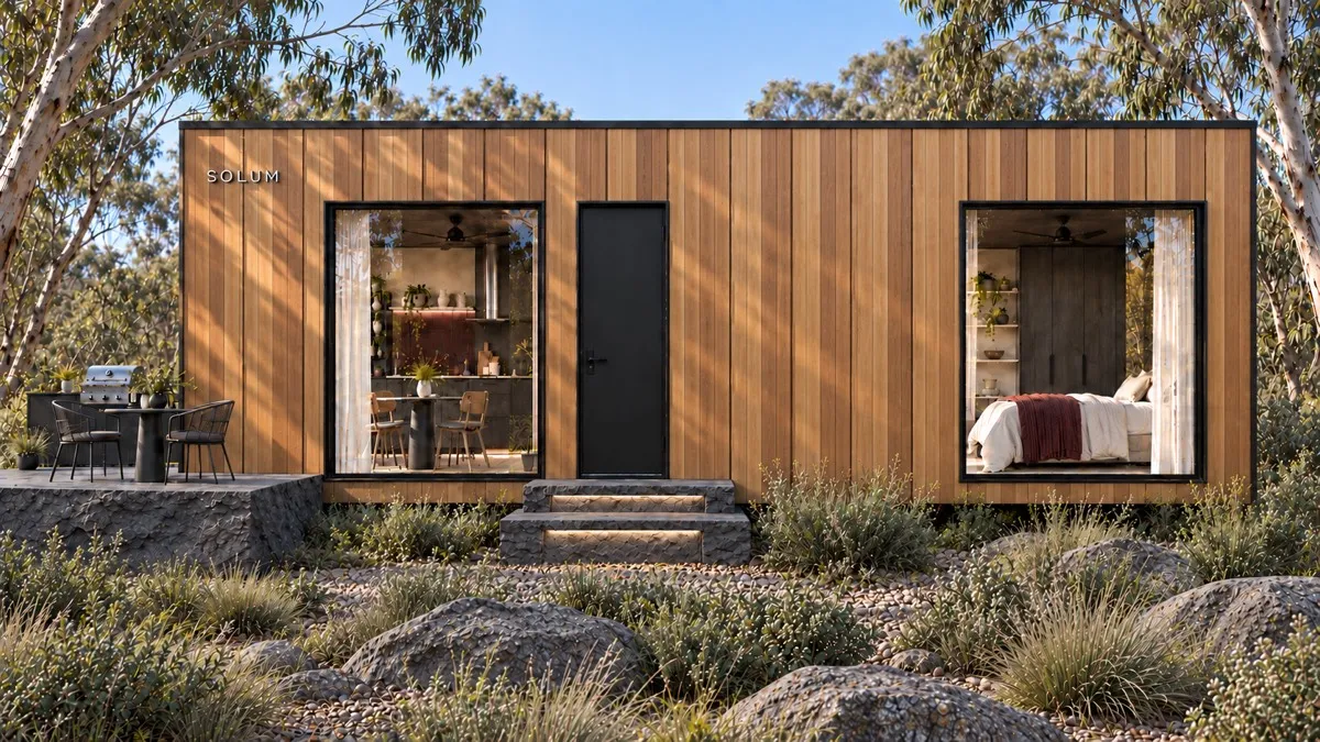 SOLUM Studio in Amber: the long side, through gum trees, in morning light