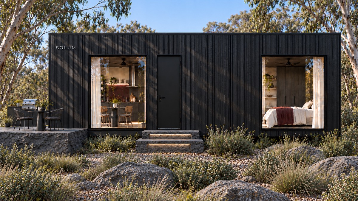 SOLUM Studio in Char: the long side, through gum trees, in morning light