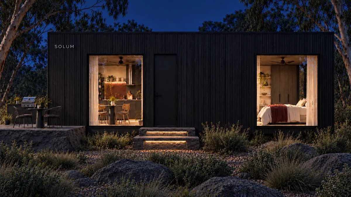 SOLUM Studio in Char: the long side, through gum trees, after dark