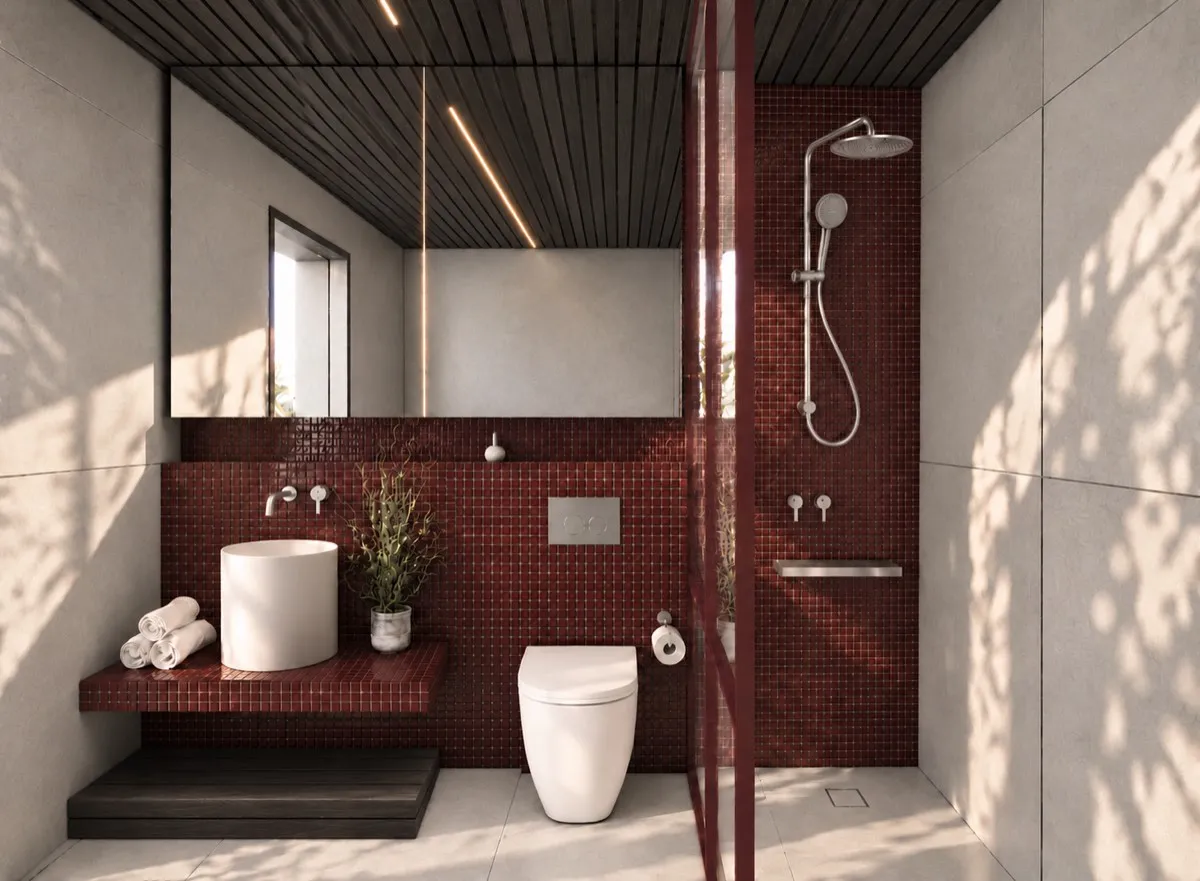 The bathroom of SOLUM Max in Burgundy, with dark oak joinery