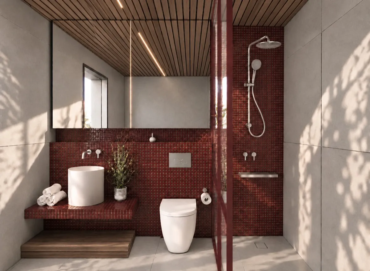 The bathroom of SOLUM Max in Burgundy, with raw walnut joinery