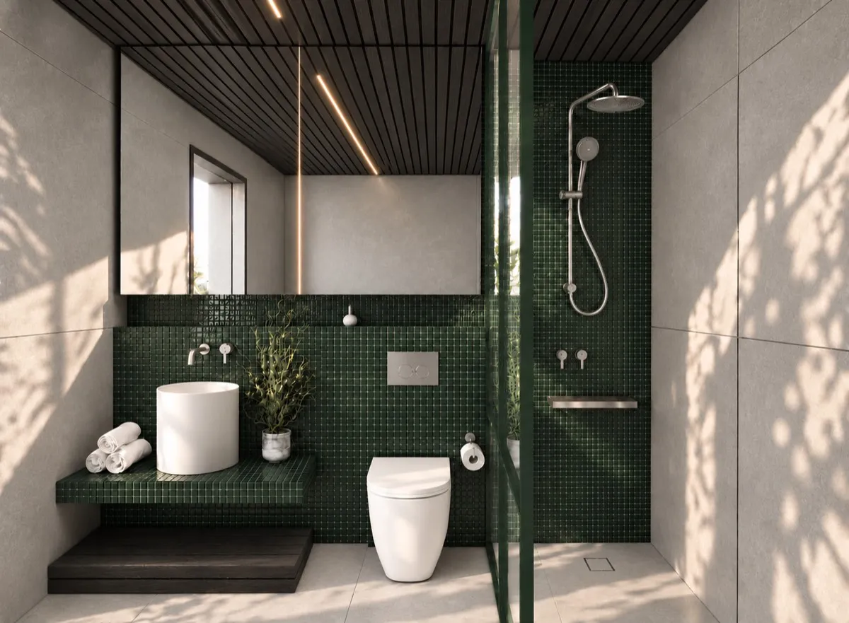 The bathroom of SOLUM Max in Sage, with dark oak joinery