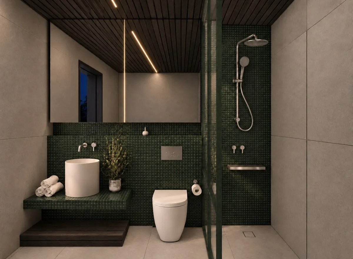 The bathroom of SOLUM Max in Sage, with dark oak joinery, after dark