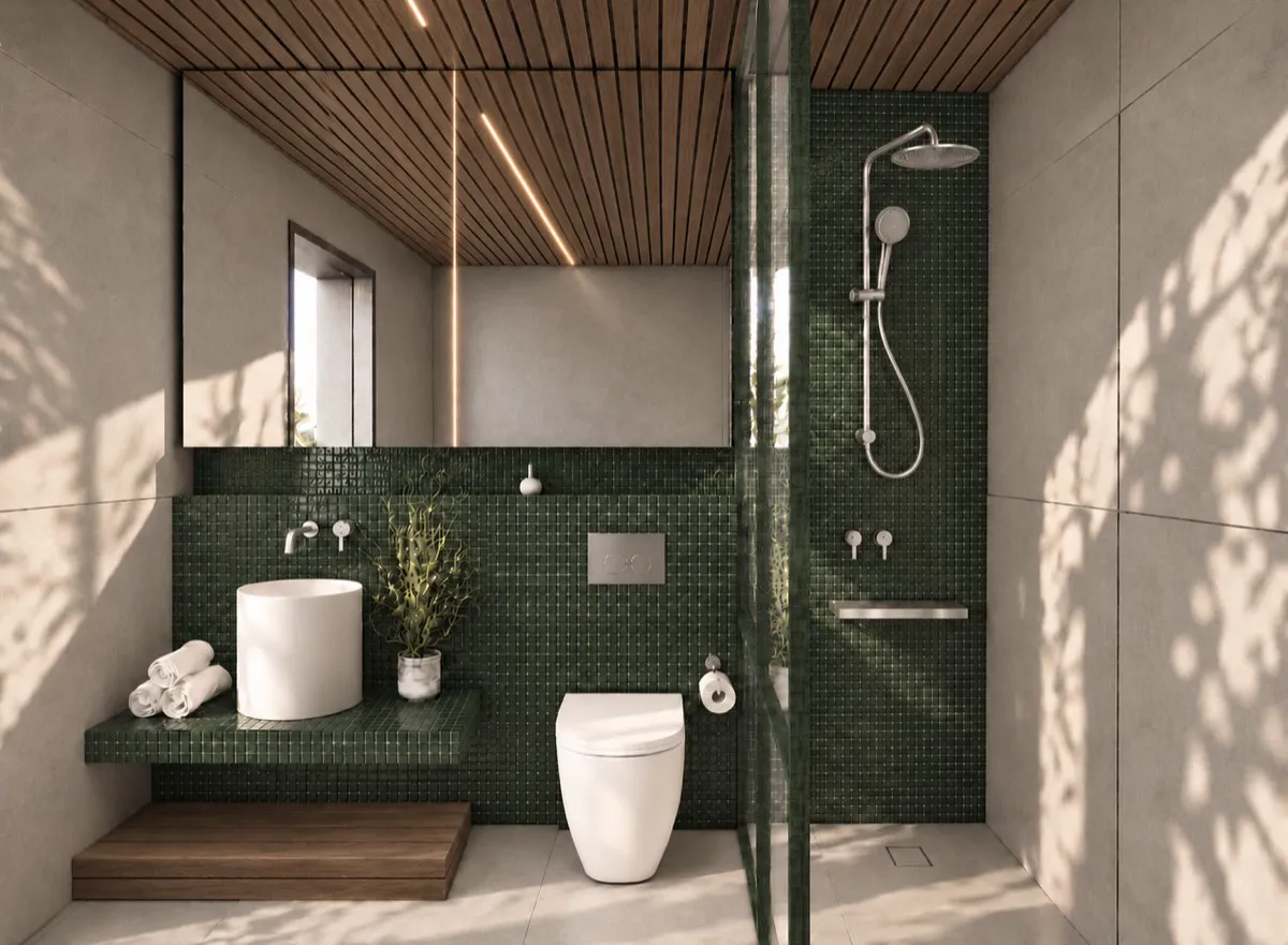 The bathroom of SOLUM Max in Sage, with raw walnut joinery