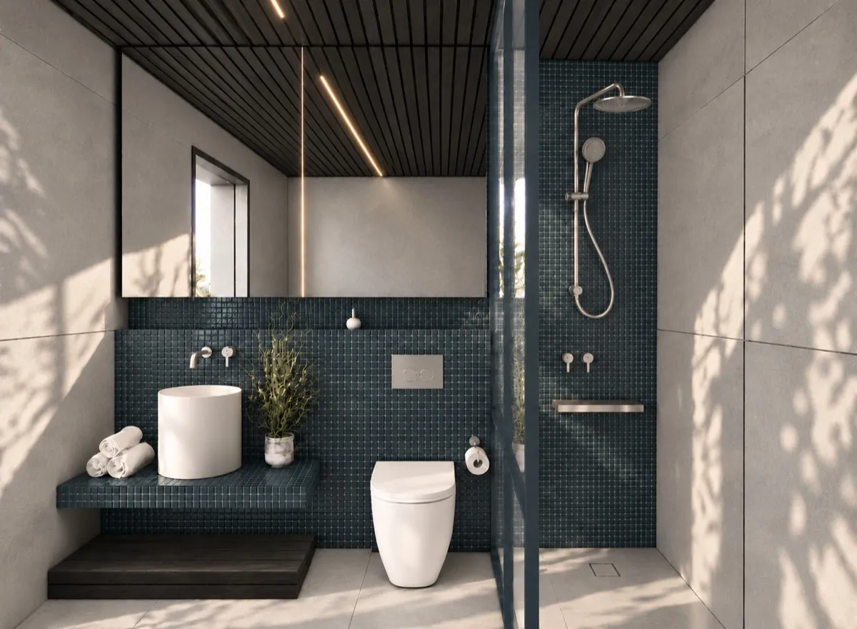 The bathroom of SOLUM Max in Tide, with dark oak joinery