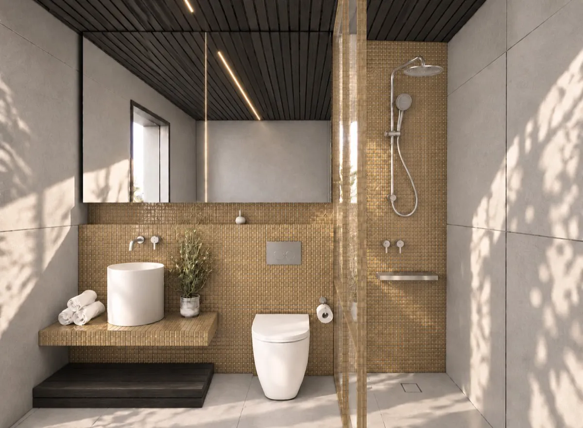 The bathroom of SOLUM Max in Vine, with dark oak joinery