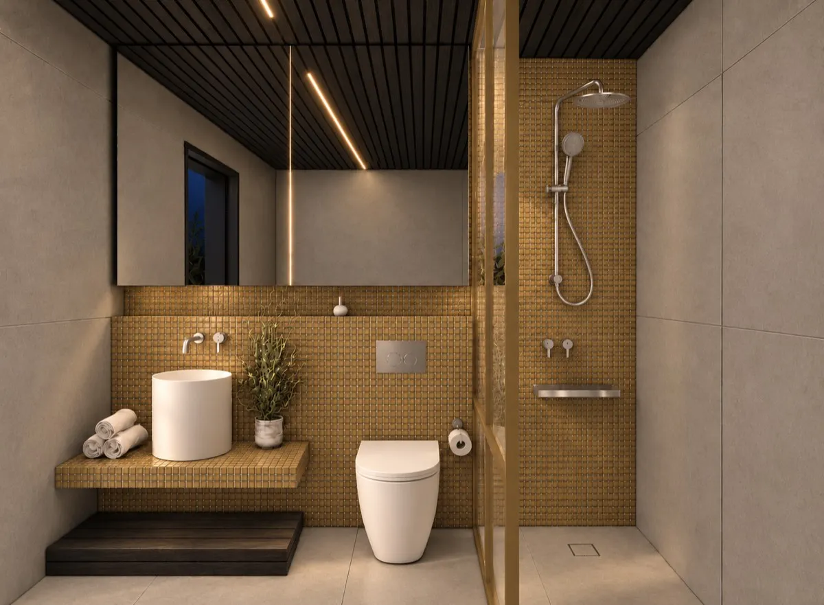 The bathroom of SOLUM Max in Vine, with dark oak joinery, after dark