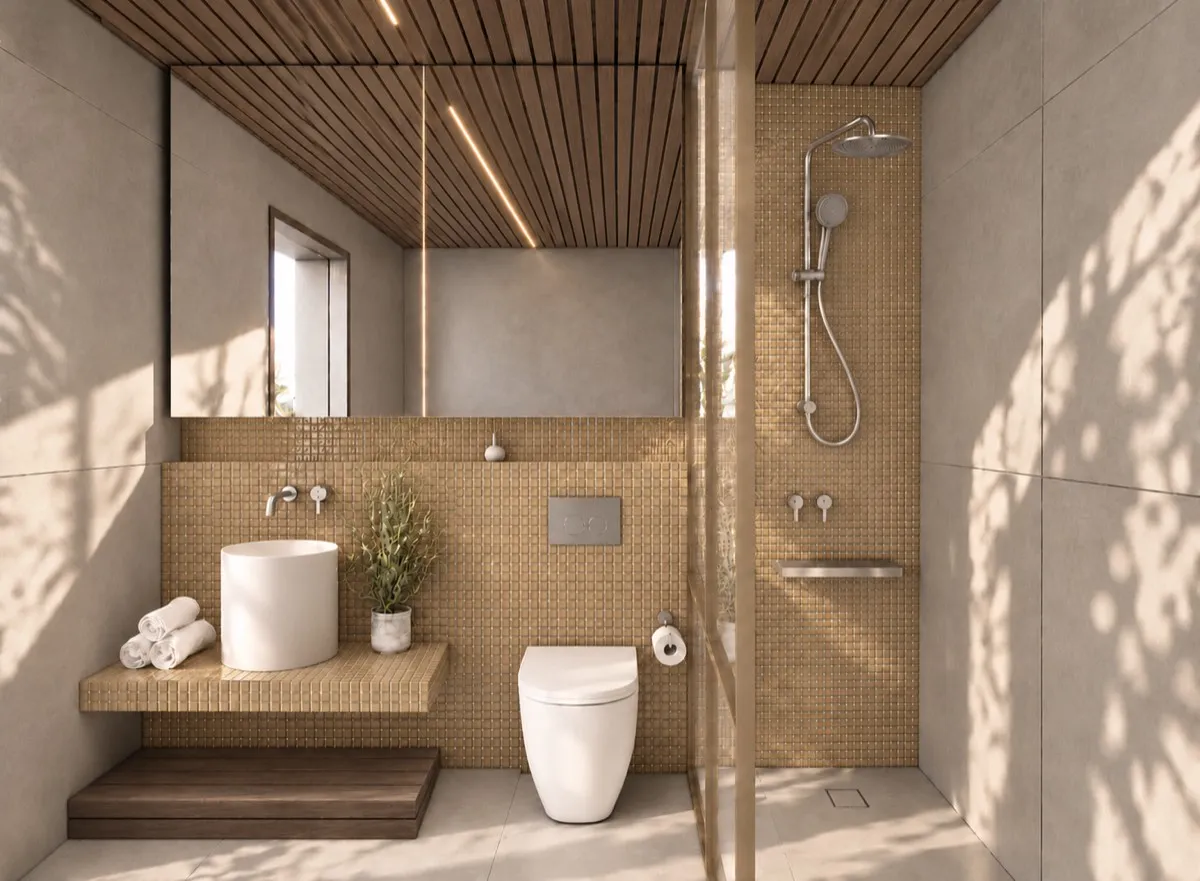 The bathroom of SOLUM Max in Vine, with raw walnut joinery