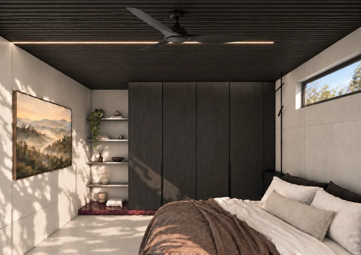 The bedroom of SOLUM Max in Burgundy, with dark oak joinery